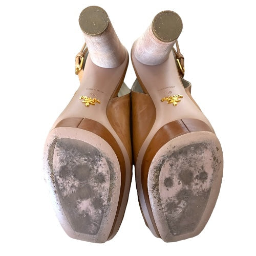 PRADA Neutral Brown Leather, Wooden Block Heel Slingback Peep Toe Pumps, Size 39