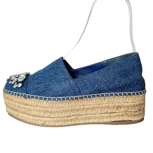MIU MIU Blue Denim Fabric Crystal Embellished Platform Espadrille Flats, 36.5