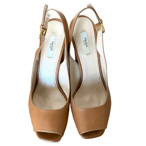 PRADA Neutral Brown Leather, Wooden Block Heel Slingback Peep Toe Pumps, Size 39