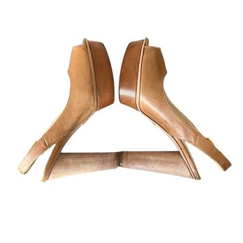 PRADA Neutral Brown Leather, Wooden Block Heel Slingback Peep Toe Pumps, Size 39