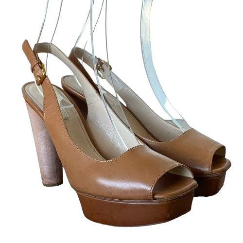 PRADA Neutral Brown Leather, Wooden Block Heel Slingback Peep Toe Pumps, Size 39