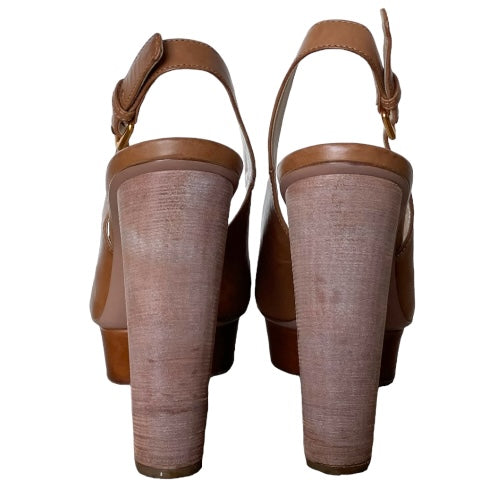 PRADA Neutral Brown Leather, Wooden Block Heel Slingback Peep Toe Pumps, Size 39