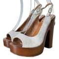 CHANEL Beige Suede Interlocking CC Logo Slingback Wooden Platform Sandals, 37