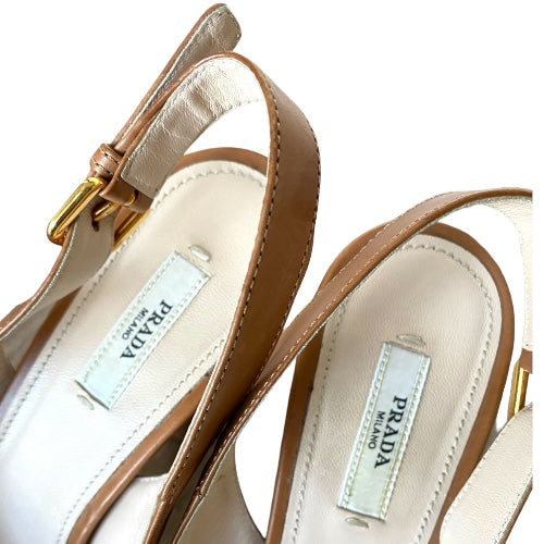 PRADA Neutral Brown Leather, Wooden Block Heel Slingback Peep Toe Pumps, Size 39
