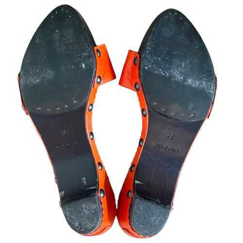 YVES SAINT LAURENT Orange Leather Mid Wooden Heel Clog Mules, Size 38