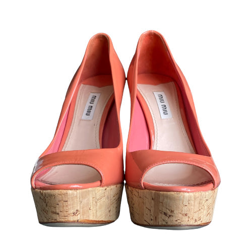 MIU MIU Coral Patent Leather Cork Platform Peep Toe Pumps, Size 37.5