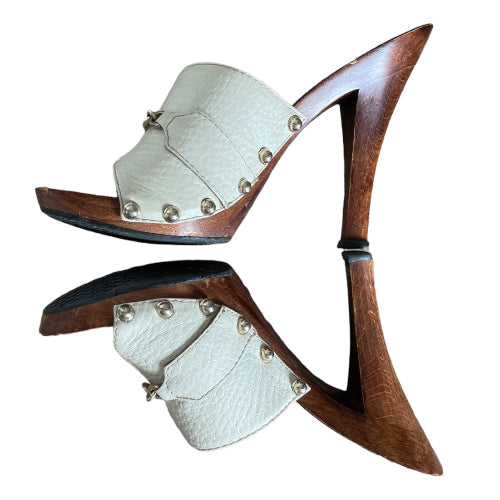 GUCCI Beige Leather Horsebit Icon Bit Wood Clogs, Size 35