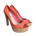 MIU MIU Coral Patent Leather Cork Platform Peep Toe Pumps, Size 37.5