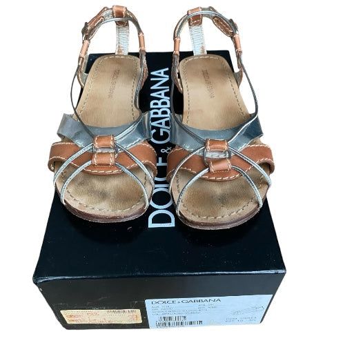 DOLCE & GABBANA Brown & Silver Strappy Slingback Flat Sandals, Size 37