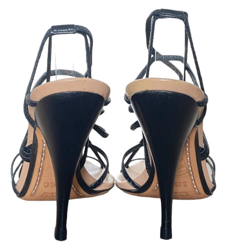 GUCCI Black Leather Slim Strappy Open & Peep Toe Heeled Sandals, Size 36.5
