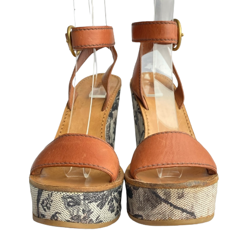 MIU MIU Brown Leather Strappy Floral Printed Canvas Wedge Heel Sandals, Size 37