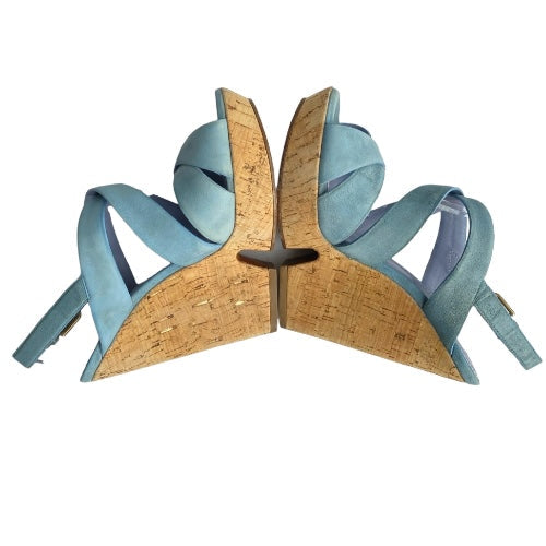 YVES Saint Laurent Lauren Blue Suede Crisscross Strappy Cork Wedge Sandals, 36.5