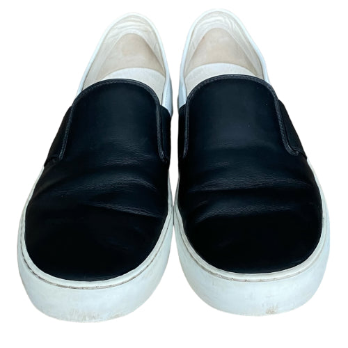 CHANEL Black & White Leather Flat Slip on Sneakers, Size 39