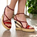 BURBERRY Burgundy Patent Leather and PVC Espadrille Wedge Sandals, Size 38