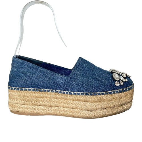 MIU MIU Blue Denim Fabric Crystal Embellished Platform Espadrille Flats, 36.5