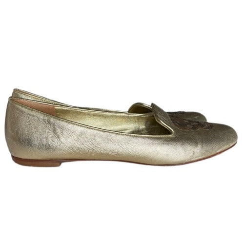 ALEXANDER MCQUEEN Gold Leather Sequin Skull Ballet Loafer Flats, Size 37