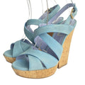 YVES Saint Laurent Lauren Blue Suede Crisscross Strappy Cork Wedge Sandals, 36.5