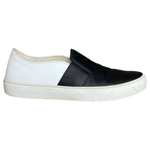CHANEL Black & White Leather Flat Slip on Sneakers, Size 39