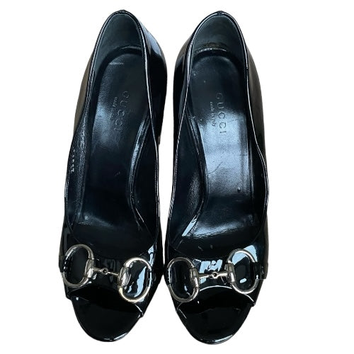 GUCCI Black Patent Leather Tom Ford Era Horsebit Peep Toe Pumps, Size 36.5