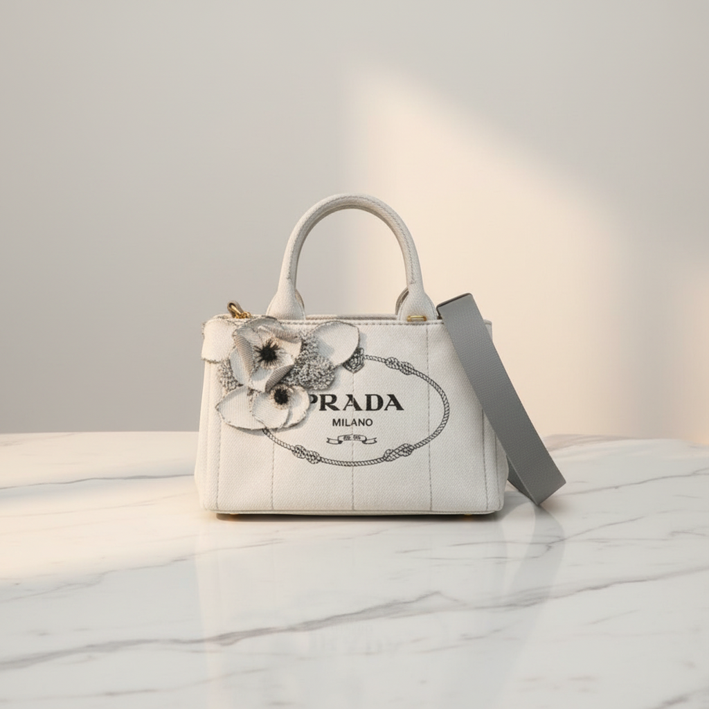 Prada Canapa · Denim · Flower Corsage