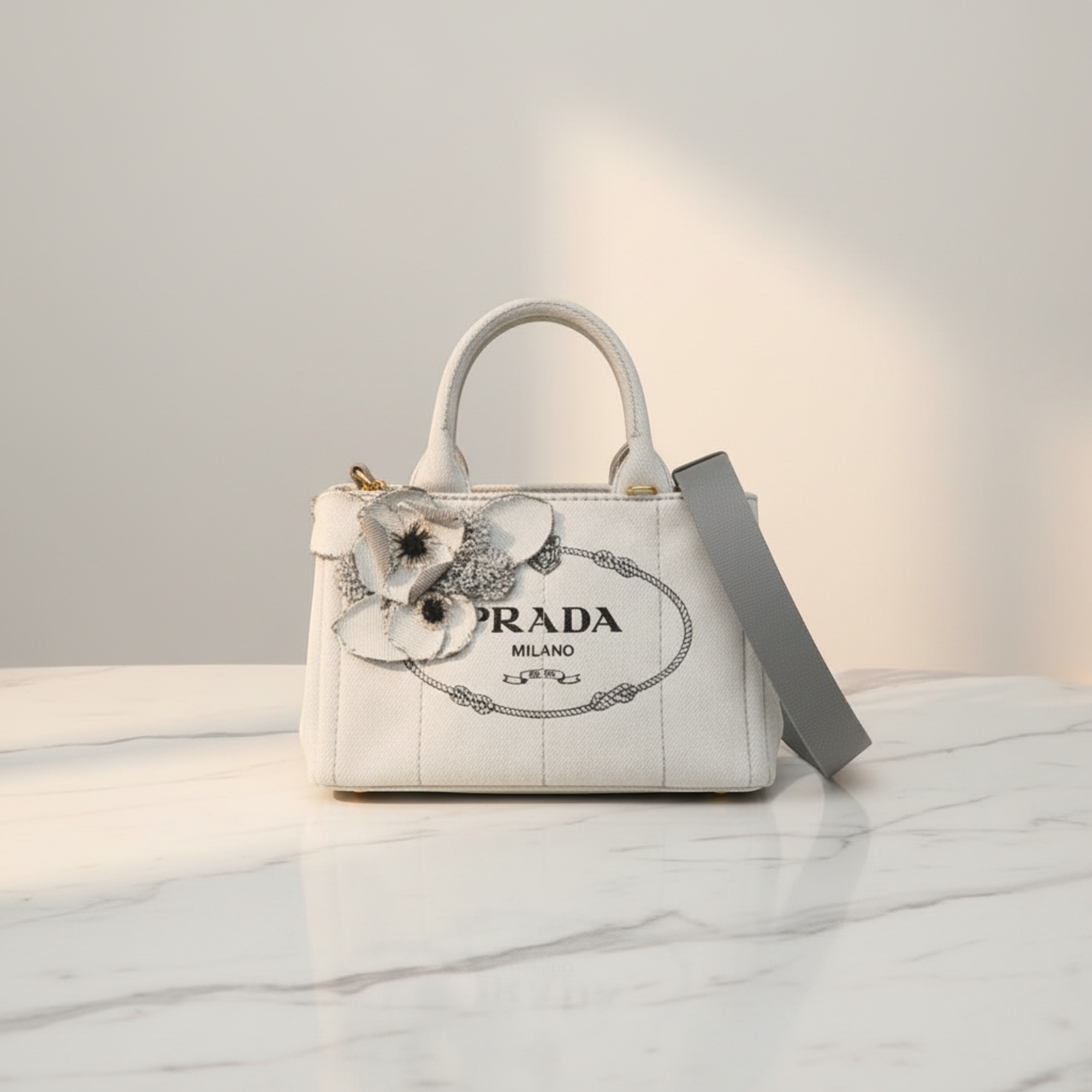 Prada Canapa · Denim · Flower Corsage