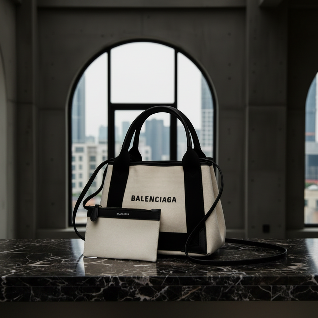Balenciaga Navy Cabas XS · Canvas & Leather