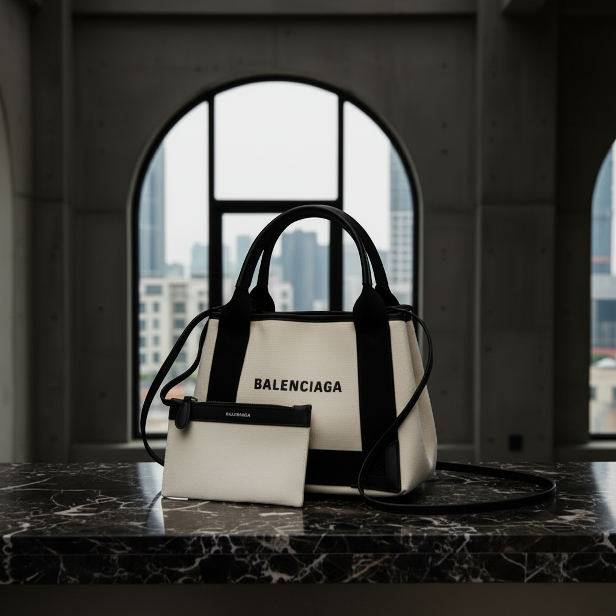 Balenciaga Navy Cabas XS · Canvas & Leather