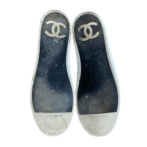CHANEL Black & White Leather Flat Slip on Sneakers, Size 39