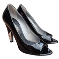 CHANEL Black Patent Leather Peep Toe CC Logo Silver Heel Pumps, Size 38