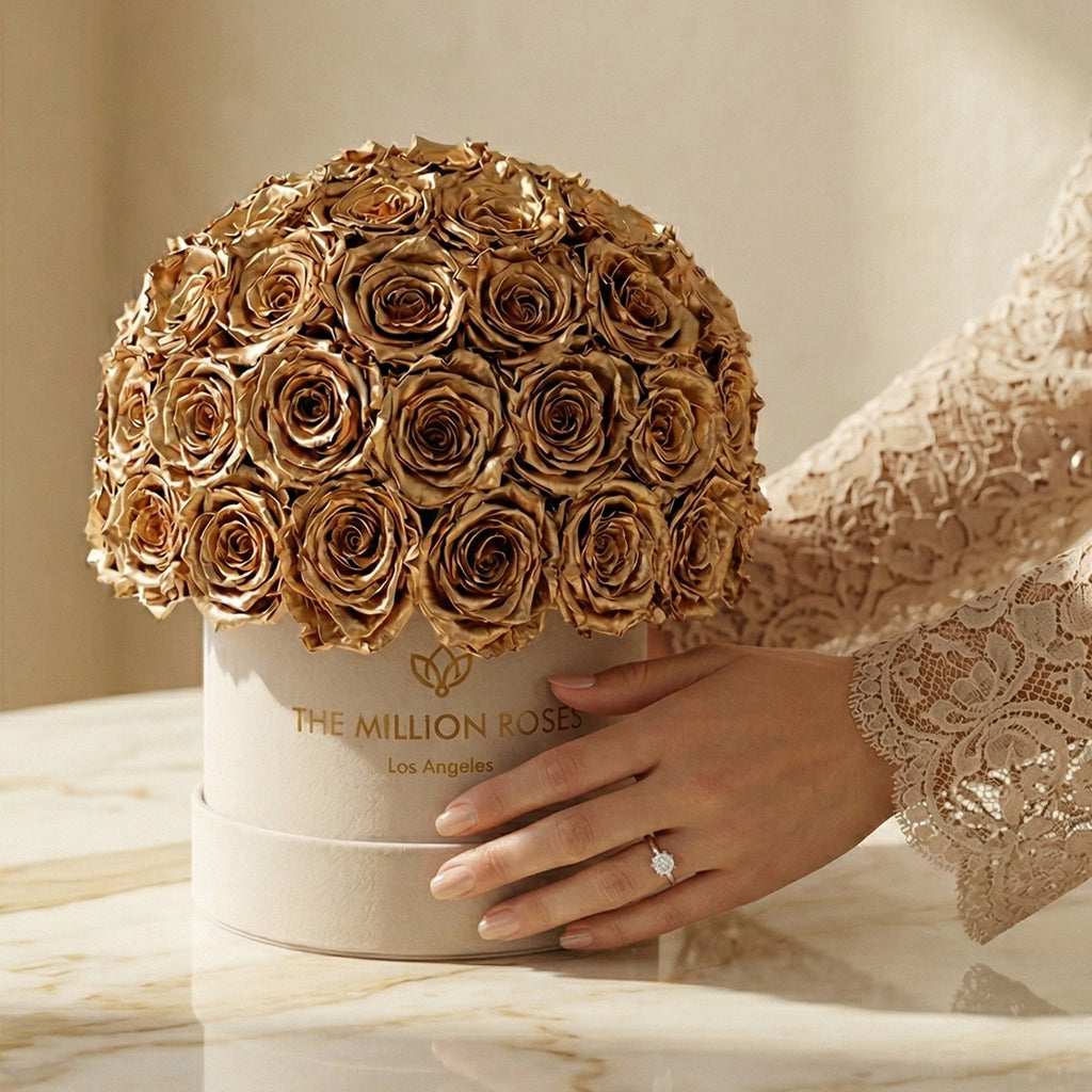 Classic Beige Suede Superdome Box | Gold Roses