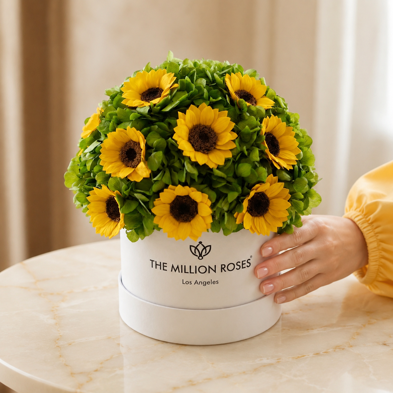 Classic White Box | Green Hydrangeas & Sunflowers