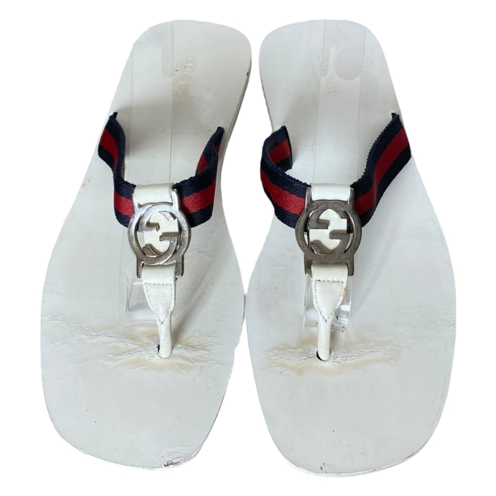 GUCCI White Enamel GG Web Flip Flops Navy & Red Flat Thong Sandals, Size 39