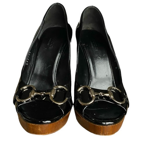 GUCCI Black Patent Leather Tom Ford Era Horsebit Peep Toe Pumps, Size 36.5