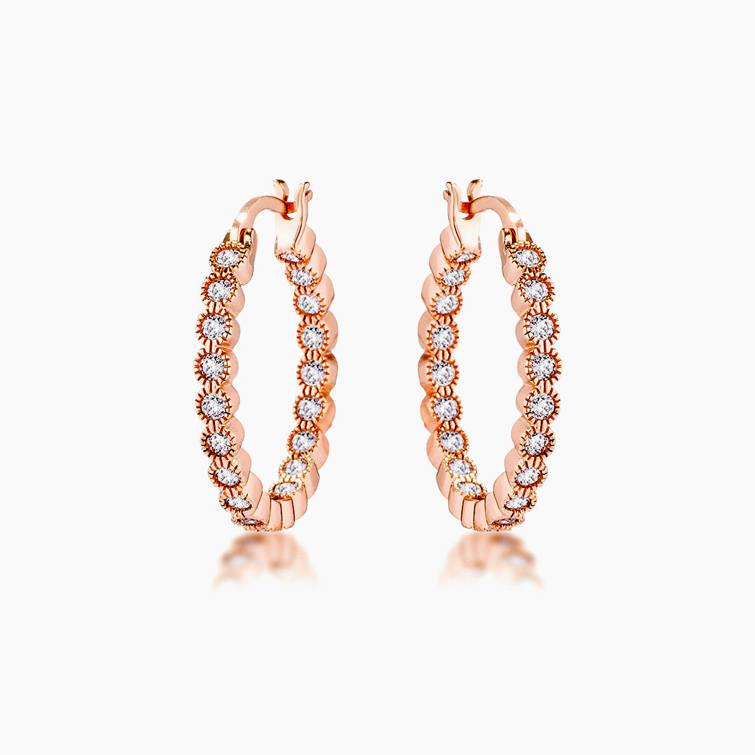 Rose Gold Plated Dotted Clear CZ Round Bezel Hoop Earrings