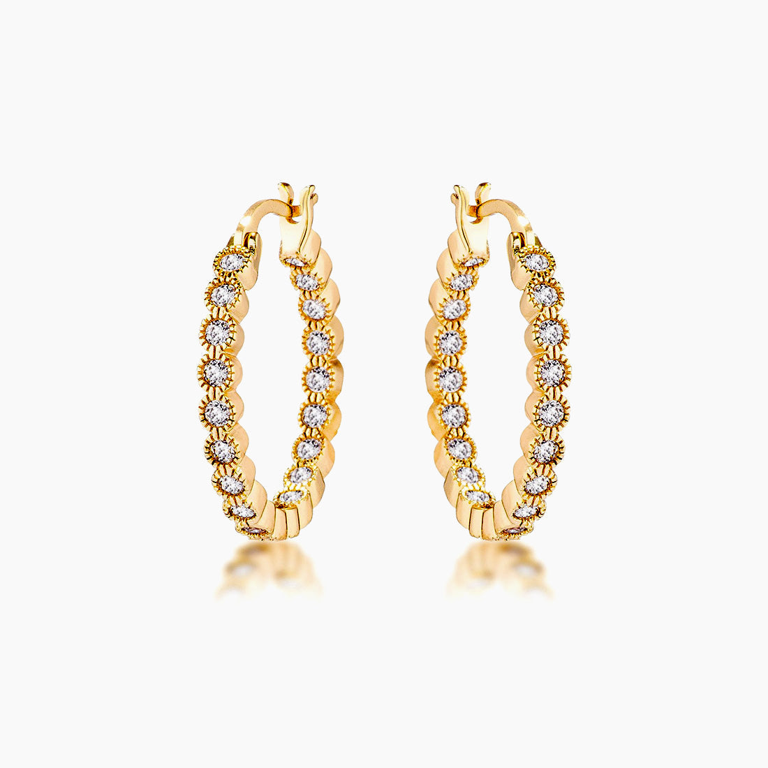 Gold Plated Dotted Clear CZ Round Bezel Hoop Earrings
