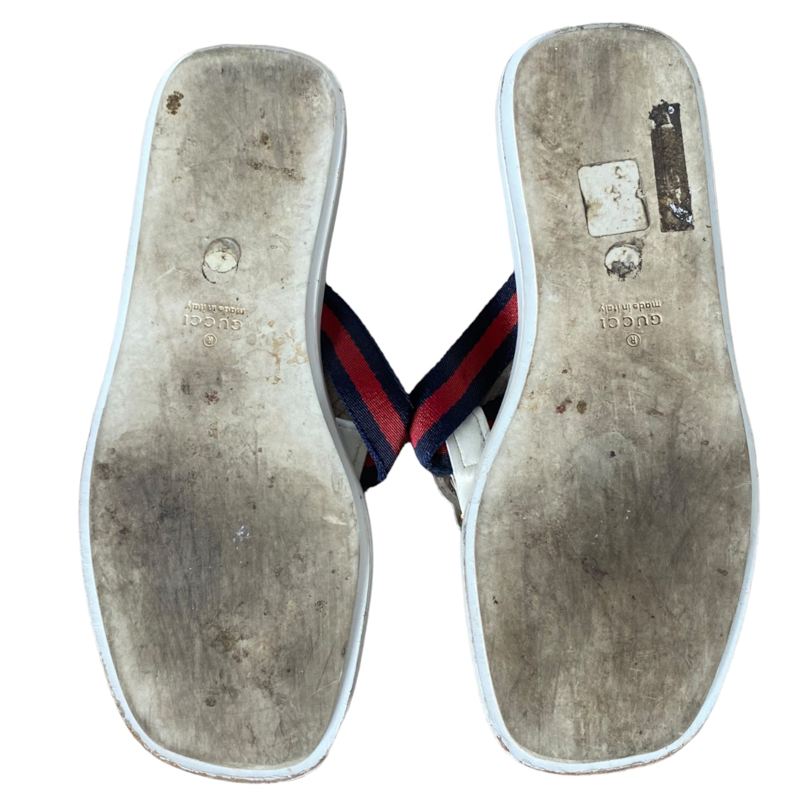 GUCCI White Enamel GG Web Flip Flops Navy & Red Flat Thong Sandals, Size 39