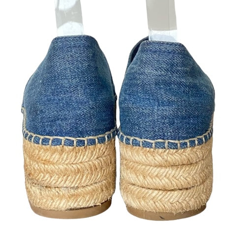 MIU MIU Blue Denim Fabric Crystal Embellished Platform Espadrille Flats, 36.5