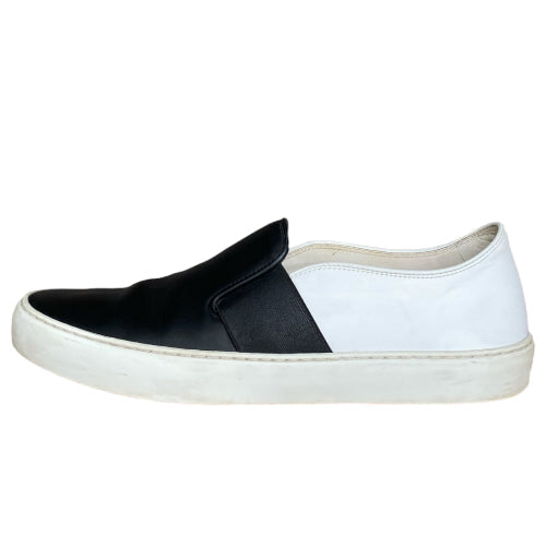 CHANEL Black & White Leather Flat Slip on Sneakers, Size 39