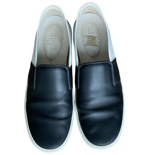 CHANEL Black & White Leather Flat Slip on Sneakers, Size 39