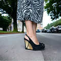 GUCCI Black Suede Peep Toe Gold Metals Slingback Platform Wedge Sandals, 38 C