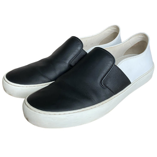 CHANEL Black & White Leather Flat Slip on Sneakers, Size 39