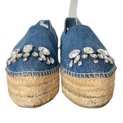 MIU MIU Blue Denim Fabric Crystal Embellished Platform Espadrille Flats, 36.5