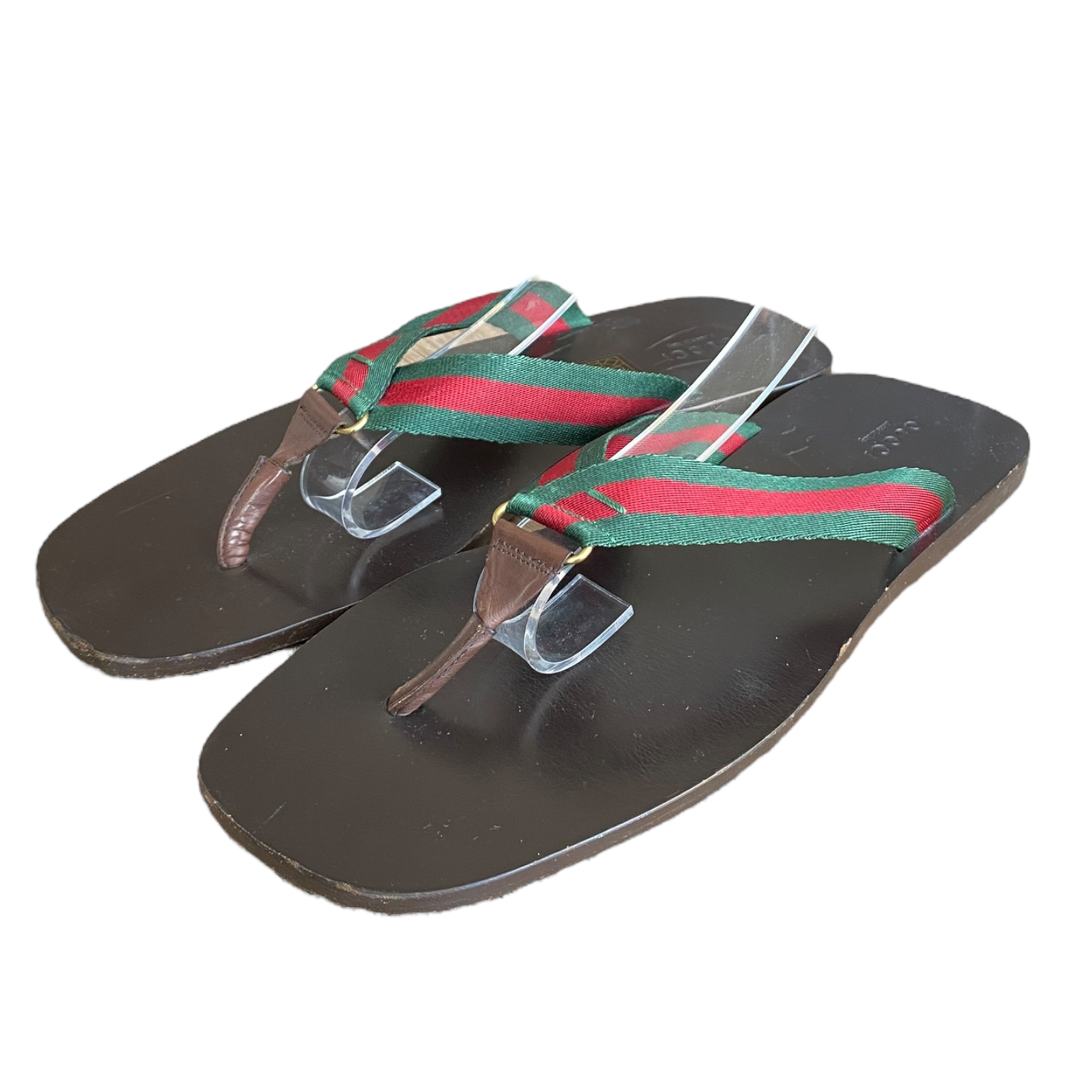 GUCCI Brown Leather Green & Red Web Flat Thong Sandals, Size 41