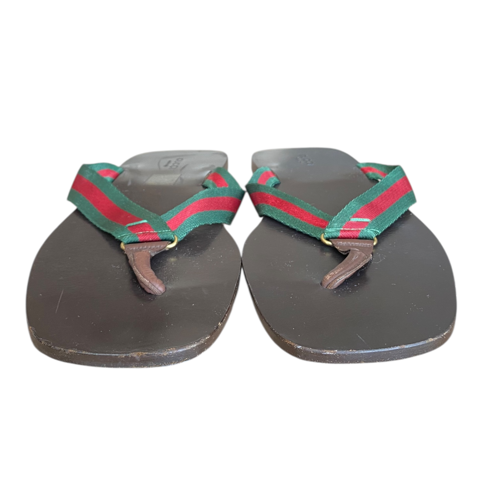 GUCCI Brown Leather Green & Red Web Flat Thong Sandals, Size 41