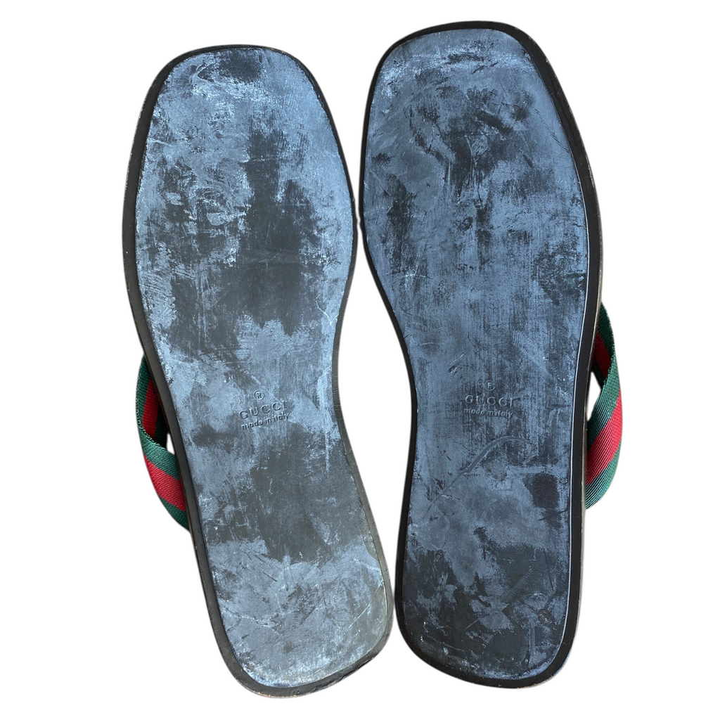 GUCCI Brown Leather Green & Red Web Flat Thong Sandals, Size 41