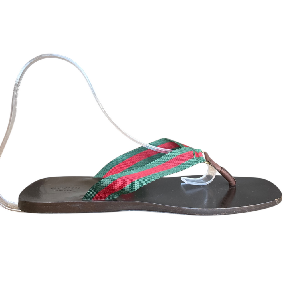 GUCCI Brown Leather Green & Red Web Flat Thong Sandals, Size 41