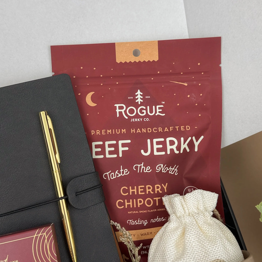 Campfire Comfort Gift Box | Beef Jerky Gift Set & Leather Notebook for Men