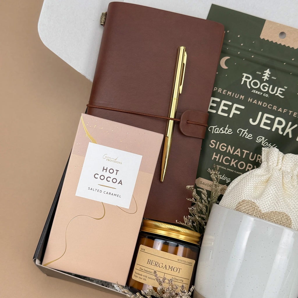 Gift Baskets for Men – Leather Journal & Beef Jerky Set