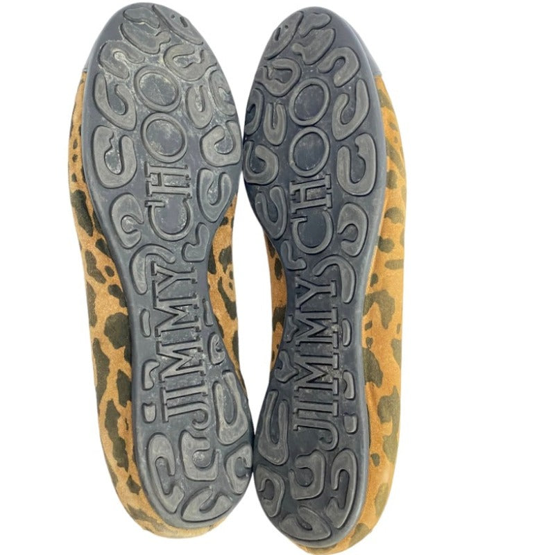 JIMMY CHOO Leopard Print Suede, Patent Leather Cap Toe Flat Ballet Shoes, 38.5