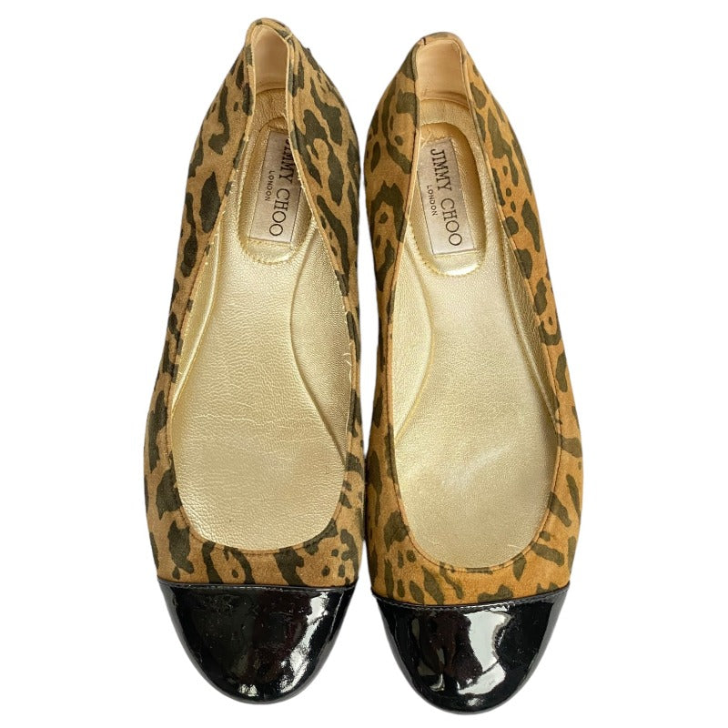 JIMMY CHOO Leopard Print Suede, Patent Leather Cap Toe Flat Ballet Shoes, 38.5